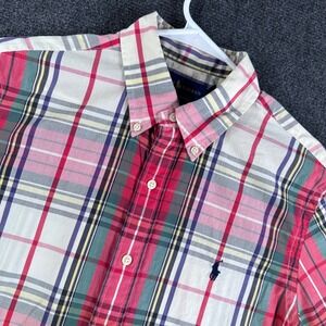 Ralph Lauren Mens Slim Fit Plaid Short Sleeve Button Down Shirt Red Green Medium